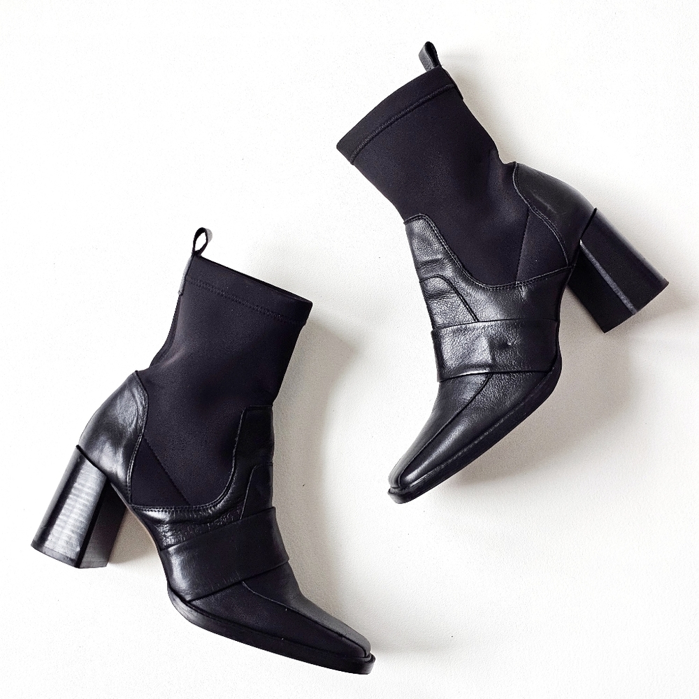 ASOS Black Leather Ankle Sock Boots Square Toe Block Heel Spain Made UK 7 US 9 - Picture 2 of 13